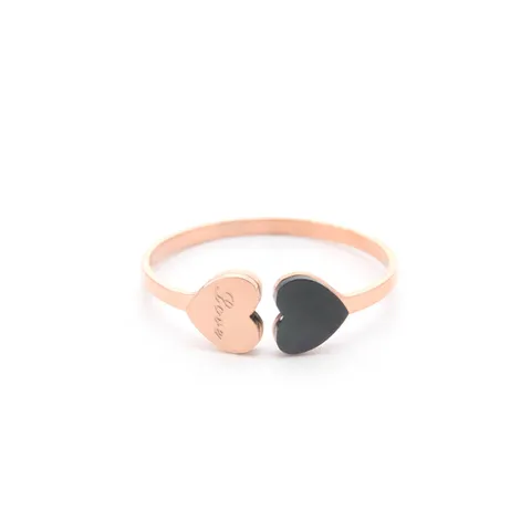 Korean Fashion Titanium Steel Rose Gold Open Ring Black Acrylic Double Heart Adjustable Finger Ring For Women Daily Commute Jewelry