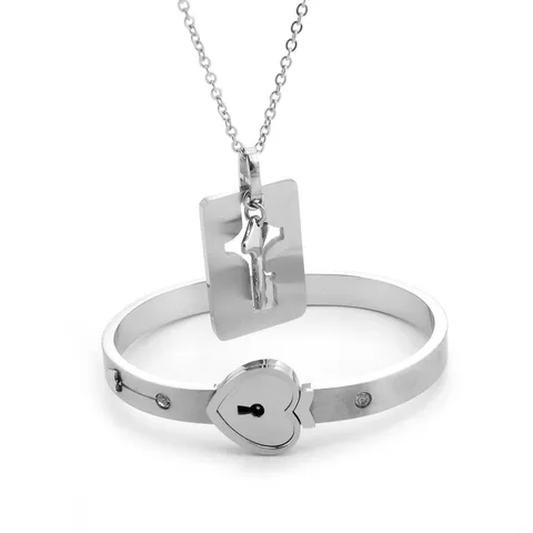 Titanium Steel Rhinestone Heart Lock Bracelet Key Pendant Necklace Set Luxury Electroplated Couple Jewelry For Valentine Day Gift