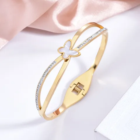 Fashion Stainless Steel Butterfly Bangle With Shell Rhinestone Inlaid Open Double Layer Cross Cuffs Bracelet Elegance Hand Bangle Gift For Women
