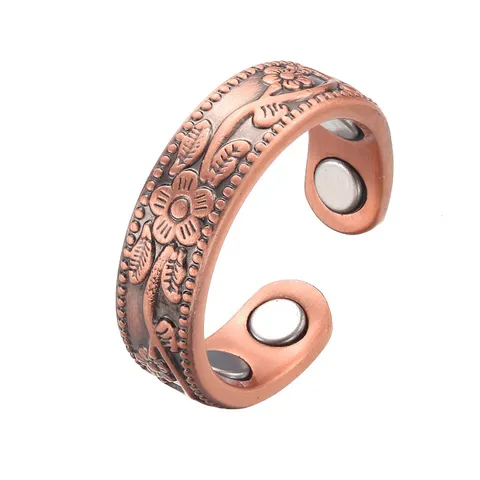 Copper Magnetic Open Ring For Women Elegant Embossed Flower Leaf Adjustable Therapy Fashion Jewelry Finger Ring Gift