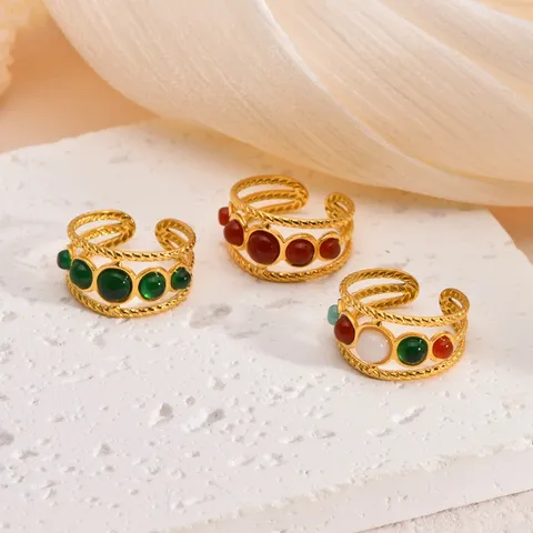 Vintage Stainless Steel Geometric Open Ring Colorful Resin Inlaid Twisted Rope Layered Finger Ring For Women Party Gift Jewelry