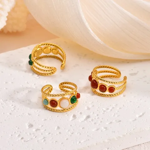 Vintage Stainless Steel Geometric Open Ring Colorful Resin Inlaid Twisted Rope Layered Finger Ring For Women Party Gift Jewelry