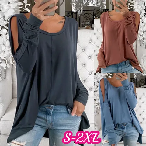 Γυναικείο Sexy Έξωμο T-Shirt Μακρυμάνικο Plus Size Μονόχρωμο Χαλαρό Casual Φθινόπωρο από Βαμβάκι Modal