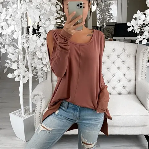 Γυναικείο Sexy Έξωμο T-Shirt Μακρυμάνικο Plus Size Μονόχρωμο Χαλαρό Casual Φθινόπωρο από Βαμβάκι Modal