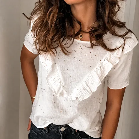 Γυναικείο T-Shirt με Μανίκια Βολάν Μονόχρωμο Στρογγυλή Λαιμόκοψη Κομψό Συναρμολογημένο Κοντό Μανίκι Καλοκαιρινό Χαλαρό Casual Top