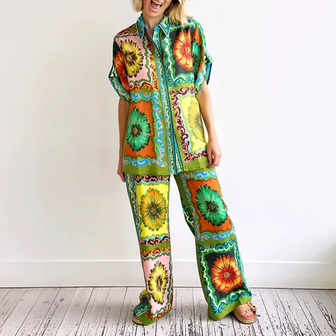 Damen Barock Gänseblümchen Floral Print Hemd Und Hose Set Casual Sommer Zwei Teiler Outfit Für Urlaub Resort Polyester