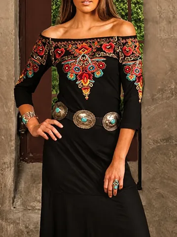 Women Off-Shoulder Long Sleeve Midi Dress Western Style Ethnic Print Polyester Checkered High Waist Casual Party Dress