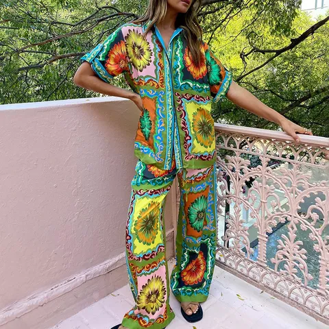 Damen Barock Gänseblümchen Floral Print Hemd Und Hose Set Casual Sommer Zwei Teiler Outfit Für Urlaub Resort Polyester