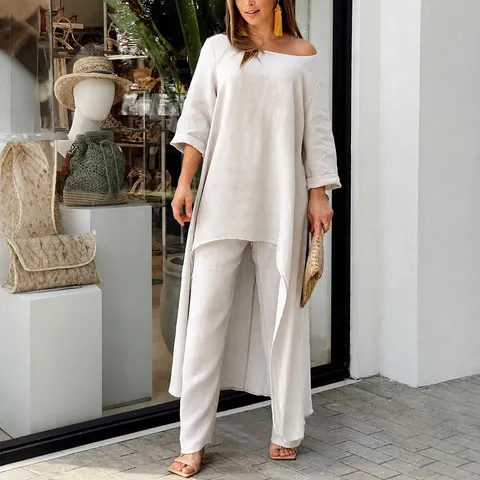 Γυναικείο Casual Σετ Δύο Τεμαχίων από Πολυεστέρα Χαλαρό Patchwork Τοπ με Ακανόνιστο Στρίφωμα και Παντελόνι Άνετο Μονόχρωμο Loungewear