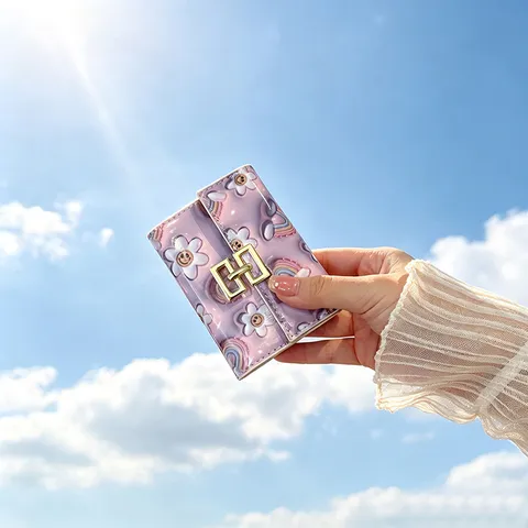 Cute Cartoon Floral Print PU Leather Short Tri-fold Wallet For Women Girlie Style Multi-card Slot Coin Purse With Metal Clasp