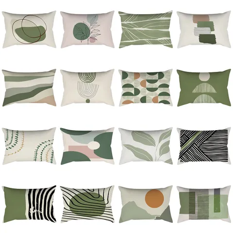 Nordic Green Plant Leaves Geometric Pattern Decorative Lumbar Pillowcase Sofa Cushion Cover