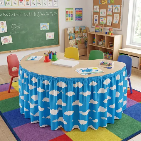 Digital Printed Table Skirt Blue Sky White Clouds Pattern Washable Tablecloth For Party Classroom Home Decoration