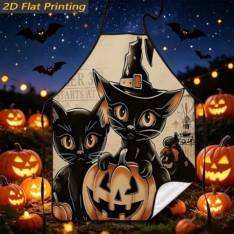 Halloween Cartoon Sleeveless Apron Polyester Printed Skull Pumpkin Pattern Home Kitchen Stain Resistant Decorative Apron For Party Dinner Festival