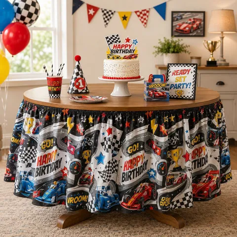 Cartoon Birthday Party Tablecloth Polyester Waterproof Table Skirt Decorative Table Cover for Home Celebration Event Decor
