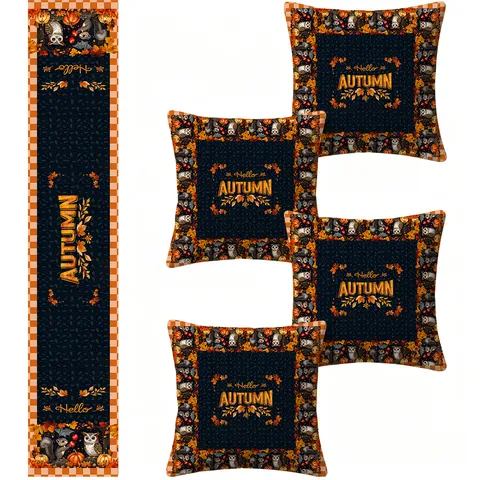 Thanksgiving Table Runner And Pillow Cover Set Pumpkin Maple Leaf Autumn Fall Home Dining Table Decoration