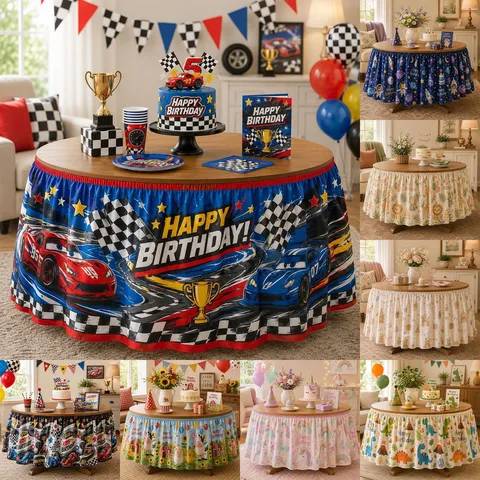Cartoon Birthday Party Tablecloth Polyester Waterproof Table Skirt Decorative Table Cover for Home Celebration Event Decor