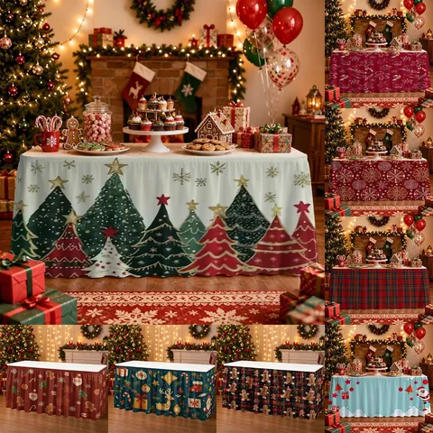 Christmas Table Skirt Waterproof Polyester Festive Tree Snowflake Pattern Party Home Dining Table Decor Skirt
