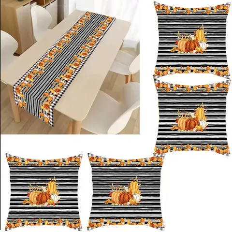 Thanksgiving Table Runner And Pillow Cover Set Pumpkin Maple Leaf Autumn Fall Home Dining Table Decoration