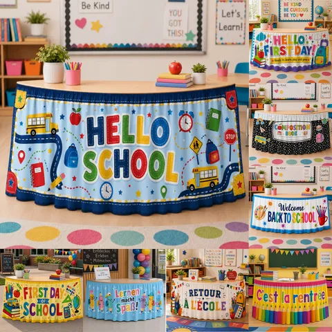 Back to School Table Skirt Classroom Decor Fruit Floral Printed Polyester Party Tablecloth for Kids School Activity