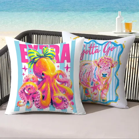 Retro Cartoon Animal Stripe Pillowcase Decorative Square Cushion Cover For Couch Patio Poolside Outdoor Fun Resort Style Printed Polyester Pillow Case