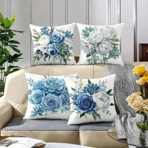 Decorative Pillow Cover Polyester Blue Rose Floral Print Modern Minimalist Living Room Sofa Cushion Cover Home Decor
