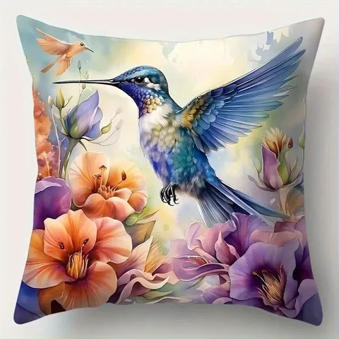 Funda de Cojín Cuadrada de Felpa Corta con Diseño de Colibrí Floral de Pintura al Óleo Vintage para Sofá