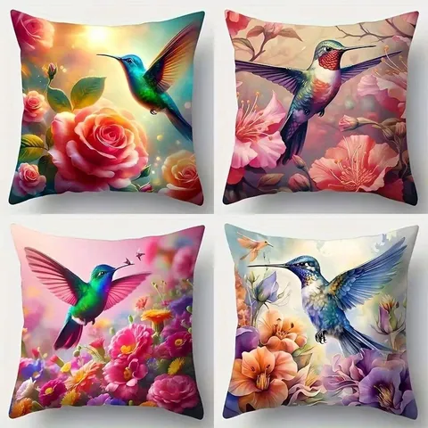 Funda de Cojín Cuadrada de Felpa Corta con Diseño de Colibrí Floral de Pintura al Óleo Vintage para Sofá