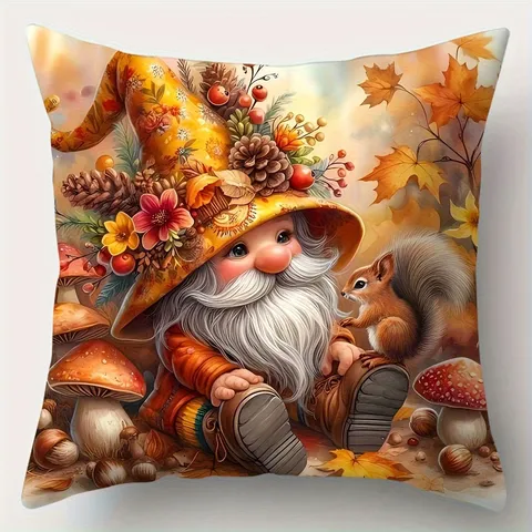 Thanksgiving Autumn Pumpkin Maple Leaf Elf Print Cushion Cover Short Plush Soft Pillowcase For Home Living Room Decor