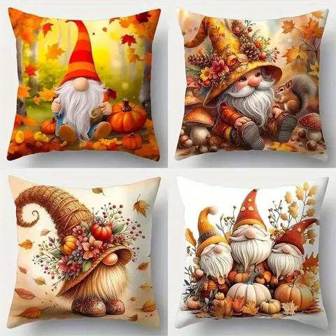 Thanksgiving Autumn Pumpkin Maple Leaf Elf Print Cushion Cover Short Plush Soft Pillowcase For Home Living Room Decor