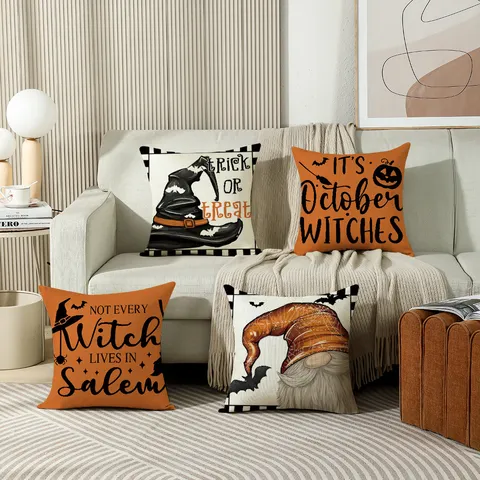 Fodera per Cuscino Decorativa di Halloween Zucca Cappello da Strega Poliestere Federa