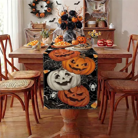 Chemin de Table Halloween Chat Noir Effrayant Citrouille Imprimé Numérique Nappe En Tissu Pour Salle À Manger Fête Décoration De Maison
