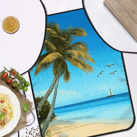 Summer Ocean Print Linen Apron Vacation Style Kitchen Cooking Antifouling Sleeveless Apron Home Restaurant Bib