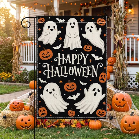 Halloween Garden Flag Double Sided Linen Pumpkin Ghost Outdoor Yard Decorative Banner Waterproof Autumn Holiday Party Decor