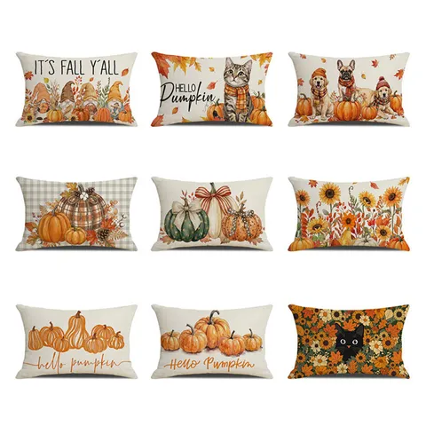 Thanksgiving Pumpkin Maple Leaf Pillow Cover Watercolor Printed Lumbar Cushion Case Modern Home Decor For Living Room