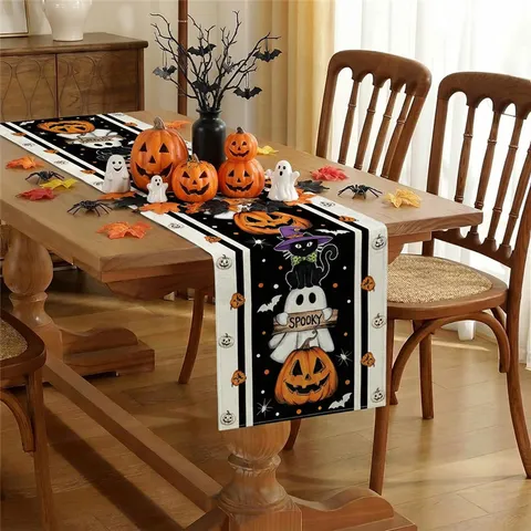 Camino de Mesa de Halloween Mantel de Lino Espeluznante Calabaza Fantasma Murciélago Fiesta Vacaciones Decoración de Mesa de Comedor Decoración Hogar