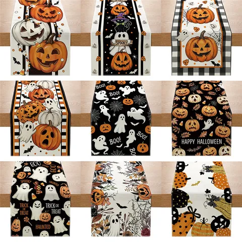 Camino de Mesa de Halloween Mantel de Lino Espeluznante Calabaza Fantasma Murciélago Fiesta Vacaciones Decoración de Mesa de Comedor Decoración Hogar