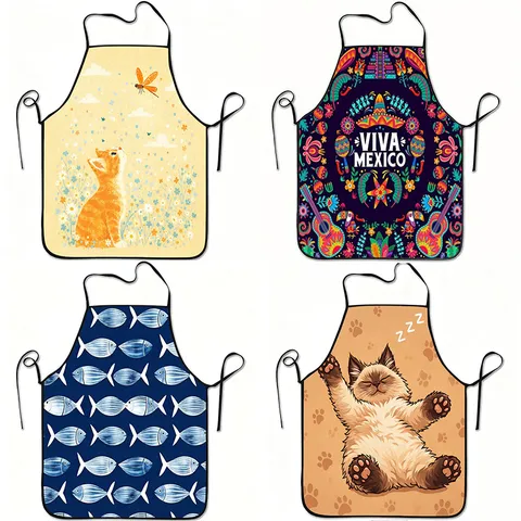 Cute Cartoon Pet Print Kitchen Apron Waterproof Polyester Sleeveless Cooking Baking Apron For Women Kids Household