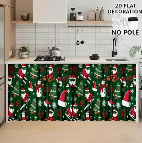Christmas Polyester Printed Table Skirt Waterproof Cabinet Curtain Festive Santa Claus Tree Plaid Pattern Kitchen Dinner Decorative Dustproof Short Cover
