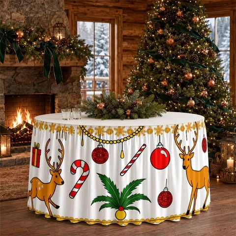 Christmas Polyester Waterproof Table Skirt Reindeer Snowflake Pattern Rectangular Tablecloth For Holiday Party Kitchen Cabinet Decor