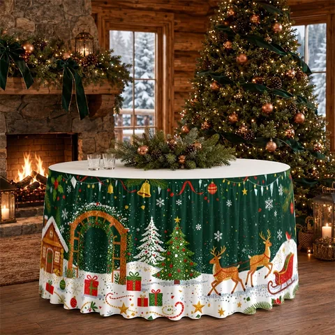Christmas Polyester Waterproof Table Skirt Reindeer Snowflake Pattern Rectangular Tablecloth For Holiday Party Kitchen Cabinet Decor
