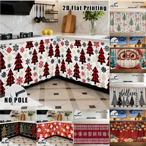 Christmas Polyester Printed Table Skirt Waterproof Cabinet Curtain Festive Santa Claus Tree Plaid Pattern Kitchen Dinner Decorative Dustproof Short Cover