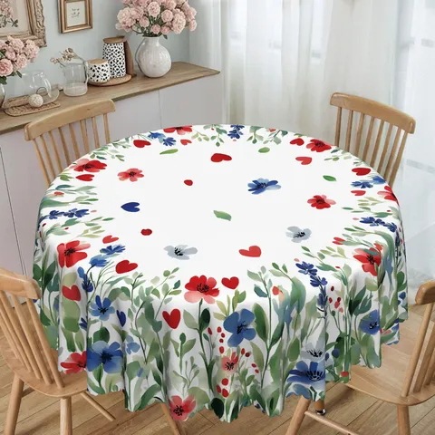 Independence Day Red Blue Floral Tablecloth Heart Pattern Scalloped Edges Nordic Flannel Table Cloth Holiday Dining Table Decor