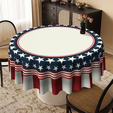 Patriotische Onafhankelijkheidsdag Rond Tafelkleed Fluweel Flanel Ster Gestreest Patroon Stofdicht Eettafel Cover Thuis Decoratie