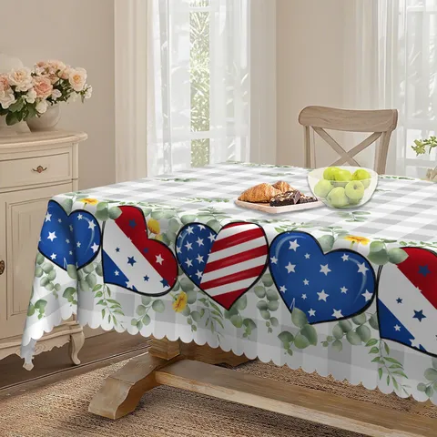 Tovaglia Patriottica del Giorno dell'Indipendenza Bandiera Americana Cuore Foglia di Eucalyptus Plaid Tovaglia Decorativa
