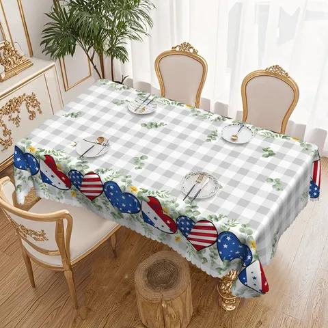 Tovaglia Patriottica del Giorno dell'Indipendenza Bandiera Americana Cuore Foglia di Eucalyptus Plaid Tovaglia Decorativa