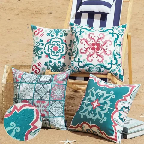 Bohemian Geometric Floral Outdoor Waterproof Pillowcase Linen Tile Pattern Sofa Cushion Cover For Patio Living Room Decorative Home Supplies