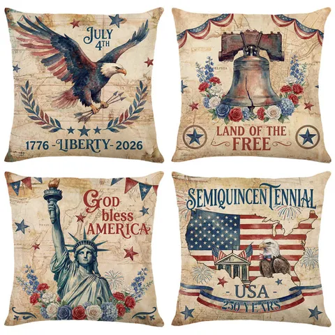 Taie d'Oreiller en Lin Drapeau Américain Motif Aigle Jour de l'Indépendance 4 Juillet Housse de Coussin Décorative pour Canapé Maison Chambre Salon