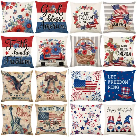 Independence Day Linen Pillow Cover USA Flag Patriotic Quote Decorative Throw Cushion Case For Sofa Home Festivities Accent Decor