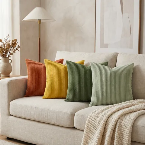 Funda de Cojín de Pana Moderna Minimalista Suave Color Sólido a Rayas para Sofá Sala de Estar Dormitorio Decoración Hogar