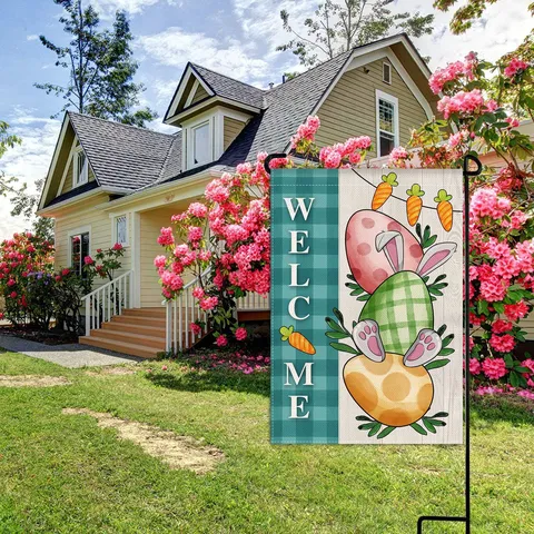 Easter Garden Flag Linen Cute Rabbit Easter Egg Carrot Printed Outdoor Yard Flag Double Sided Holiday Party Courtyard Decoration House Banner